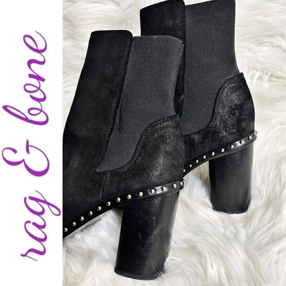 RAG & BONE‎ Romi Black Suede Chelsea Silver Stud Block Heel Bootie, Size 36